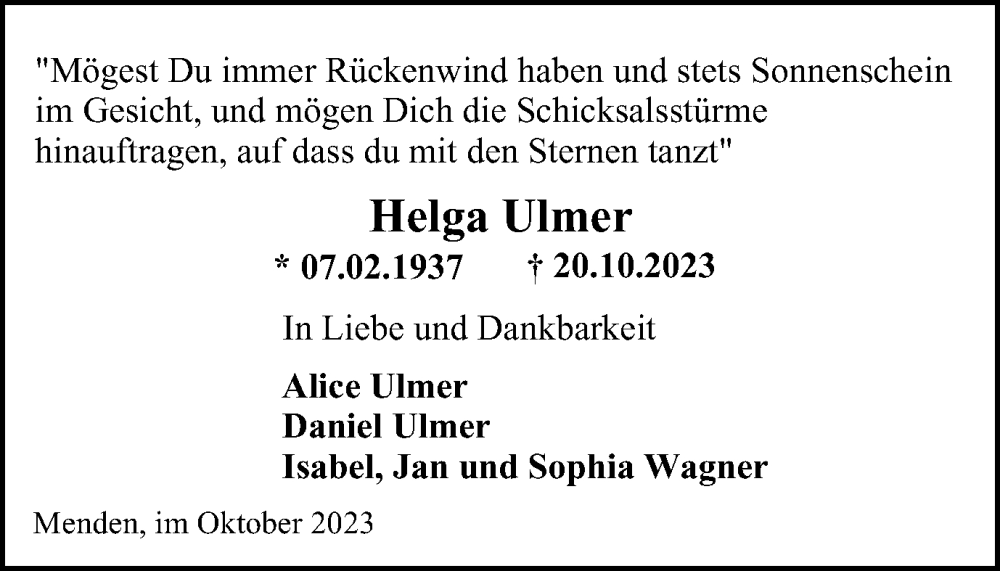  Traueranzeige für Helga Ulmer vom 04.11.2023 aus Tageszeitung