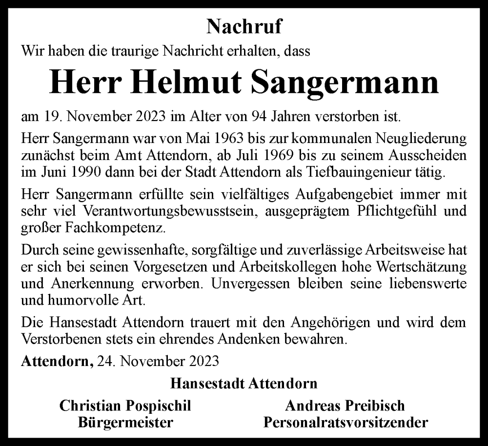  Traueranzeige für Helmut Sangermann vom 29.11.2023 aus Tageszeitung