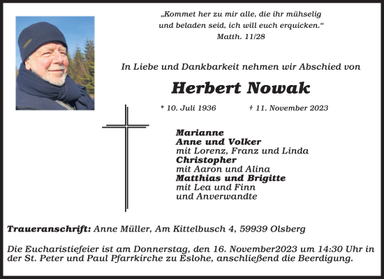 Traueranzeige von Herbert Nowak von Tageszeitung