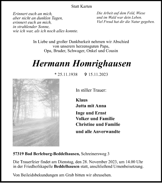 Traueranzeige von Hermann Homrighausen von Tageszeitung