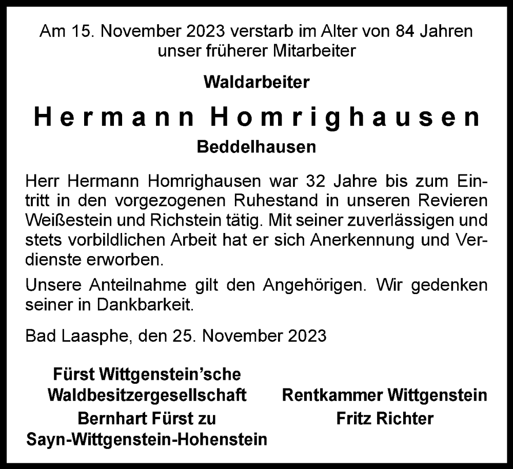  Traueranzeige für Hermann Homrighausen vom 25.11.2023 aus Tageszeitung