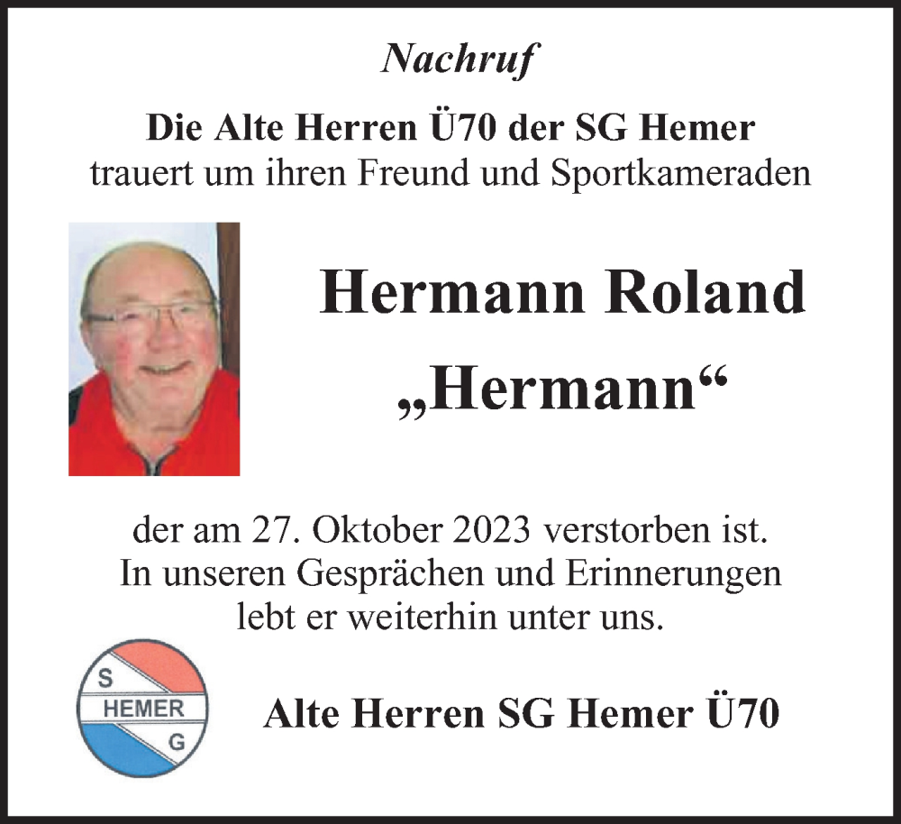  Traueranzeige für Hermann Roland vom 23.11.2023 aus Tageszeitung
