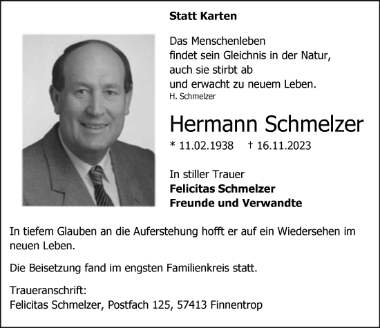 Traueranzeige von Hermann Schmelzer von Tageszeitung