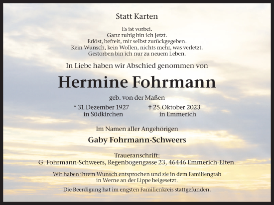 Traueranzeige von Hermine Fohrmann von Tageszeitung