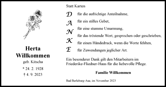 Traueranzeige von Herta Willkommen von Tageszeitung