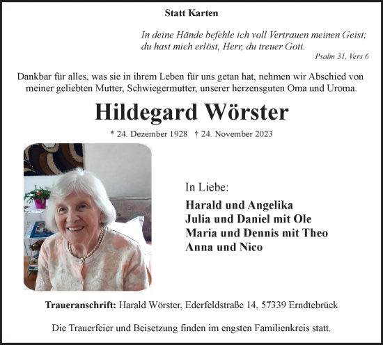Traueranzeige von Hildegard Wörster von Tageszeitung