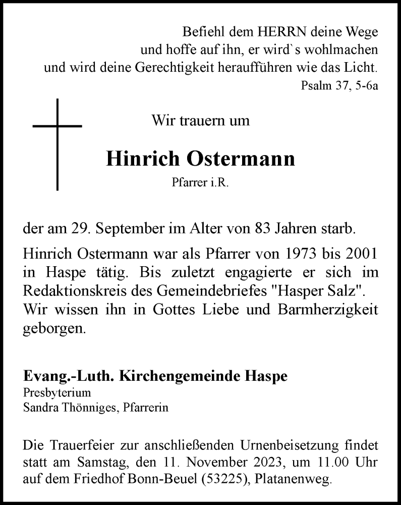  Traueranzeige für Hinrich Ostermann vom 09.11.2023 aus Tageszeitung