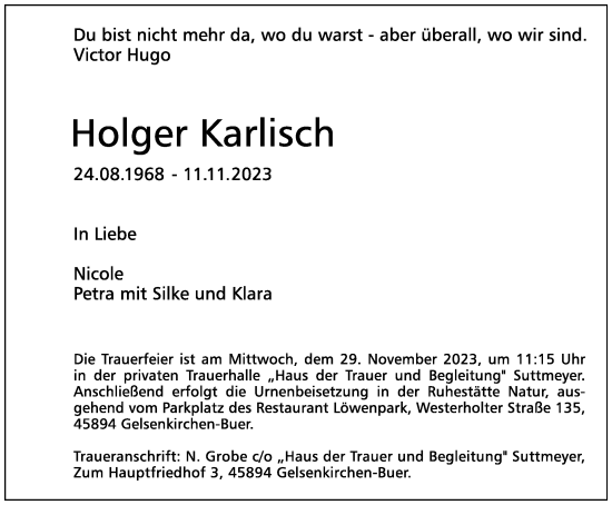 Traueranzeige von Holger Karlisch von Tageszeitung