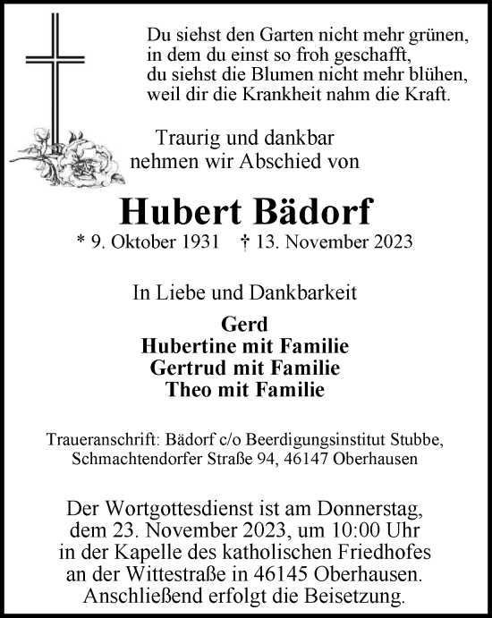 Traueranzeige von Hubert Bädorf von Tageszeitung