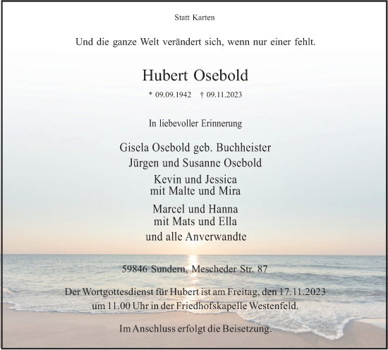 Traueranzeige von Hubert Osebold von Tageszeitung