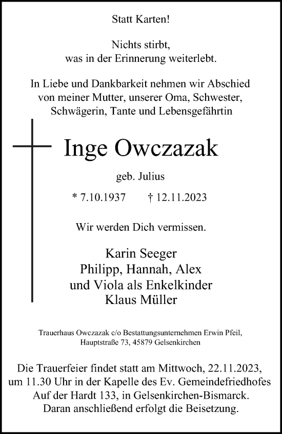 Traueranzeige von Inge Owczazak von Tageszeitung