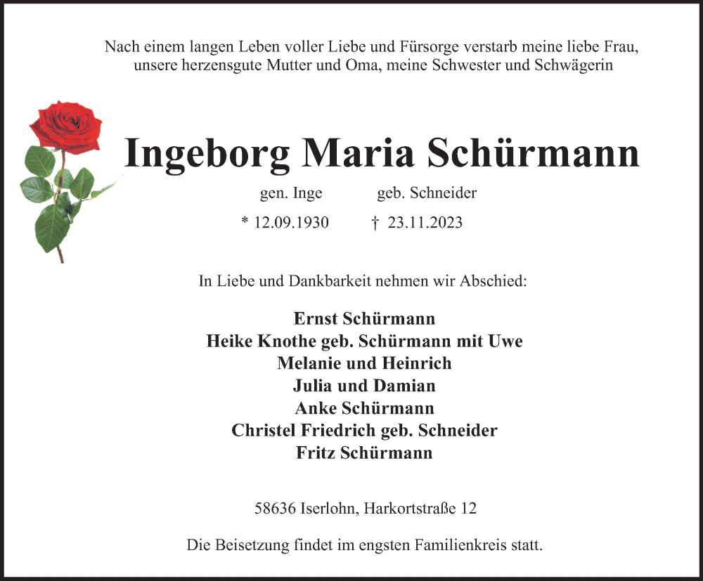  Traueranzeige für Ingeborg Maria Schürmann vom 25.11.2023 aus Tageszeitung