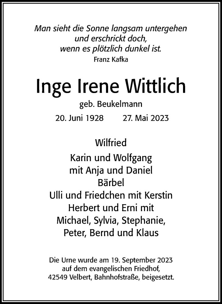  Traueranzeige für Inge Irene Wittlich vom 11.11.2023 aus Tageszeitung
