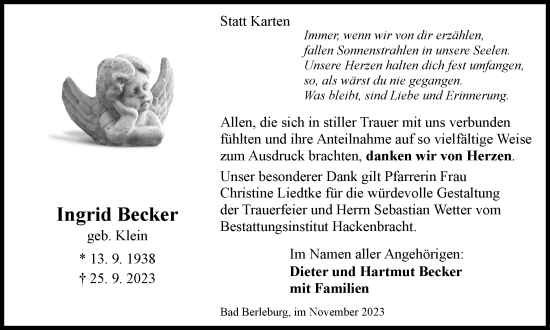 Traueranzeige von Ingrid Becker von Tageszeitung