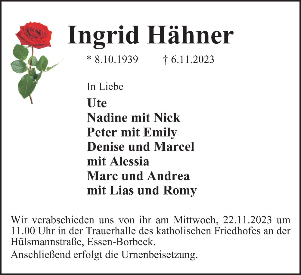  Traueranzeige für Ingrid Hähner vom 18.11.2023 aus Tageszeitung