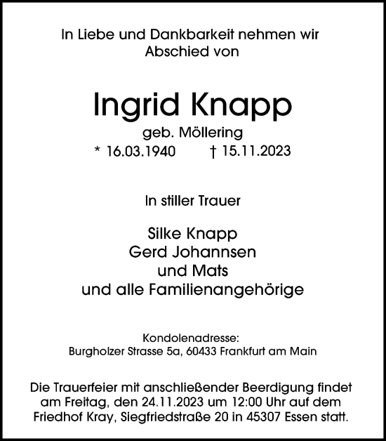 Traueranzeige von Ingrid Knapp von Tageszeitung