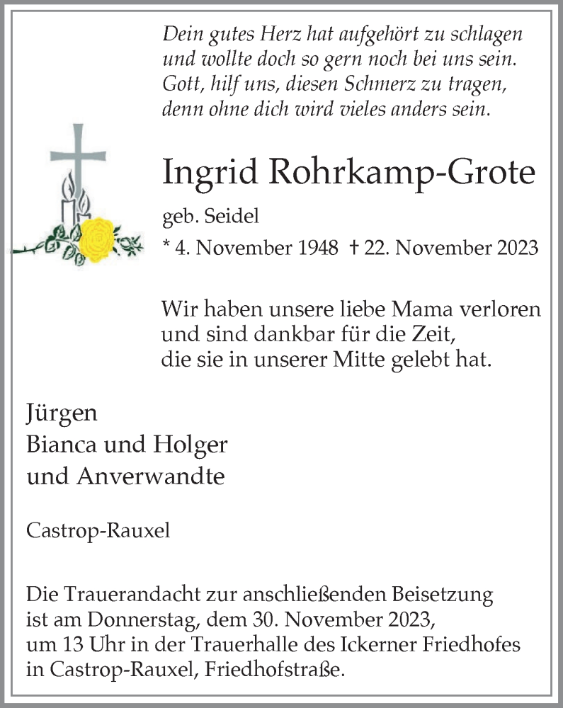 Traueranzeige für Ingrid Rohrkamp-Grote vom 27.11.2023 aus Tageszeitung