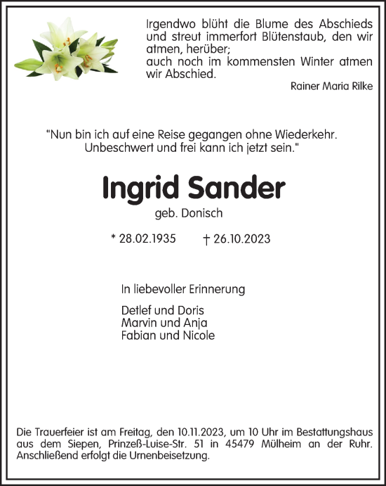 Traueranzeige von Ingrid Sander von Tageszeitung