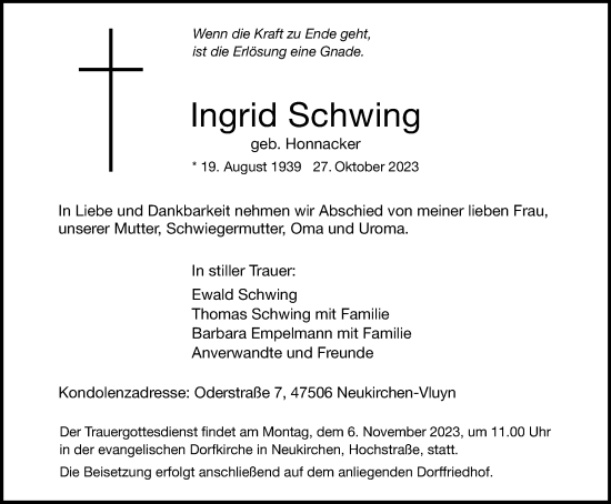 Traueranzeige von Ingrid Schwing von Tageszeitung