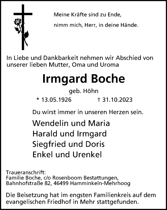 Traueranzeige von Irmgard Boche von Tageszeitung