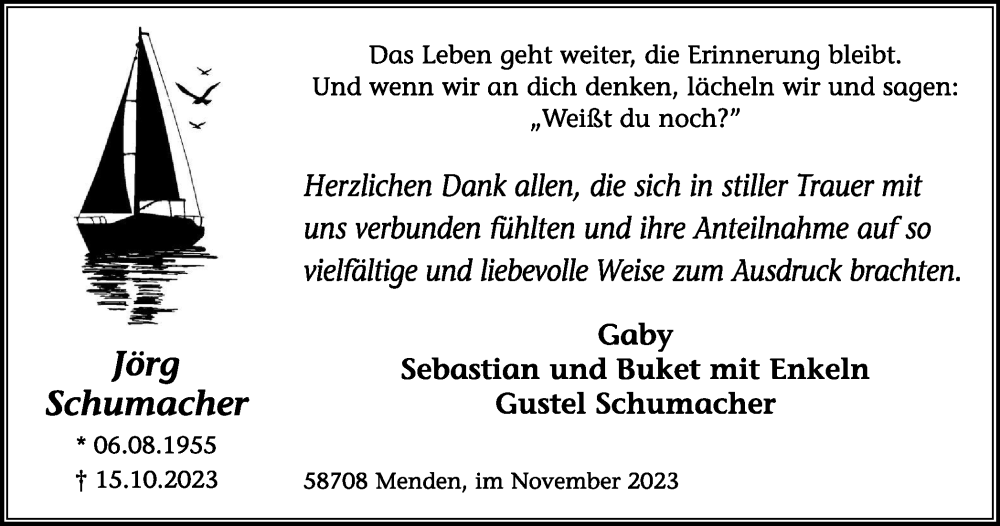  Traueranzeige für Jörg Schumacher vom 25.11.2023 aus Tageszeitung