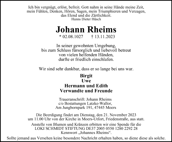 Traueranzeige von Johann Rheims von Tageszeitung