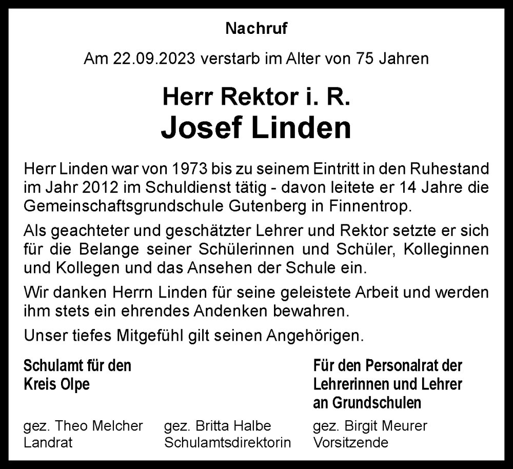  Traueranzeige für Josef Linden vom 29.11.2023 aus Tageszeitung