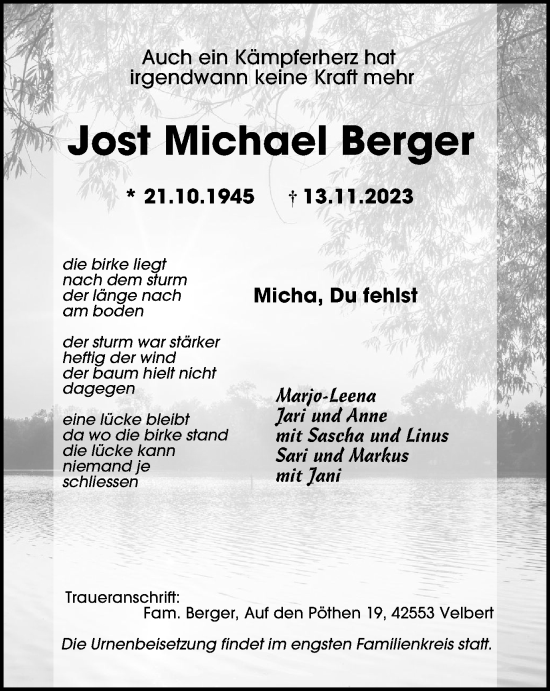 Traueranzeige von Jost Michael Berger von Tageszeitung
