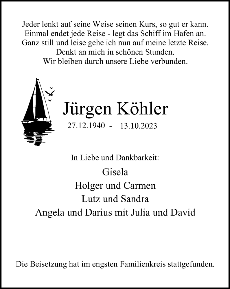  Traueranzeige für Jürgen Köhler vom 11.11.2023 aus Tageszeitung