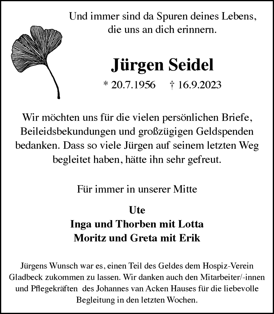  Traueranzeige für Jürgen Seidel vom 04.11.2023 aus Tageszeitung