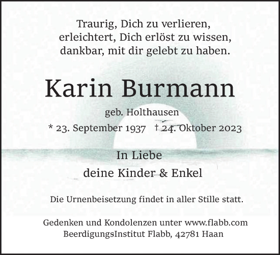 Traueranzeige von Karin Burmann von Tageszeitung