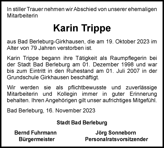 Traueranzeige von Karin Trippe von Tageszeitung