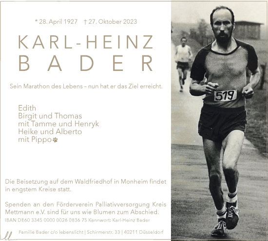 Traueranzeige von Karl-Heinz Bader von Tageszeitung