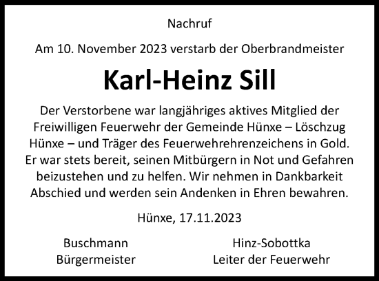 Traueranzeige von Karl-Heinz Sill von Tageszeitung