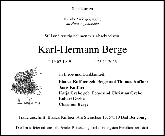 Traueranzeige von Karl-Hermann Berge von Tageszeitung