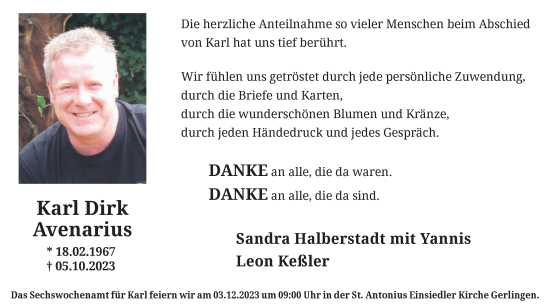 Traueranzeige von Karl Dirk Avenarius von Tageszeitung