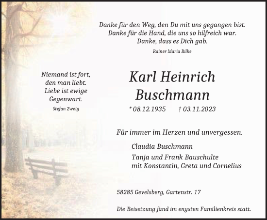 Traueranzeige von Karl Heinrich Buschmann von Tageszeitung