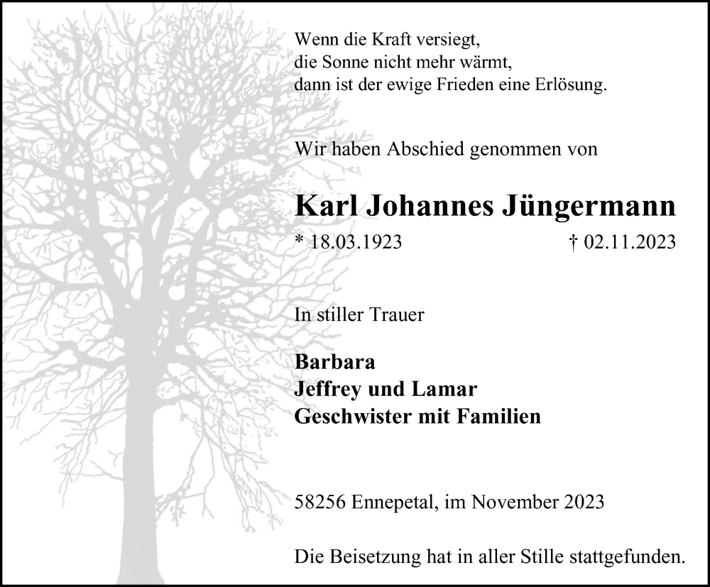  Traueranzeige für Karl Johannes Jüngermann vom 18.11.2023 aus Tageszeitung