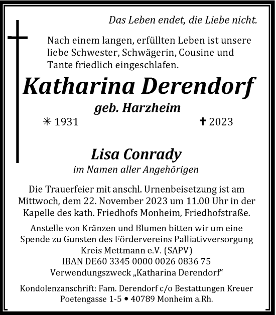 Traueranzeige von Katharina Derendorf von Tageszeitung