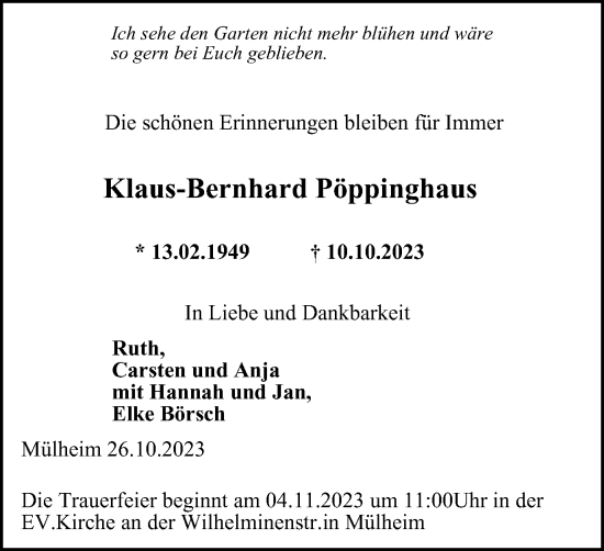 Traueranzeige von Klaus-Bernhard Pöppinghaus von Tageszeitung