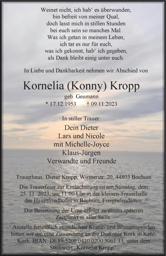 Traueranzeige von Kornelia Kropp von Tageszeitung