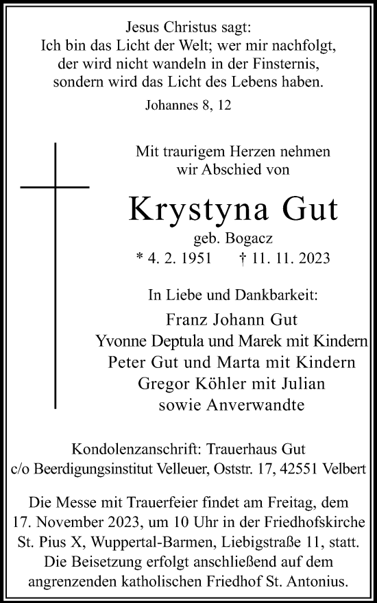 Traueranzeige von Krystyna Gut von Tageszeitung