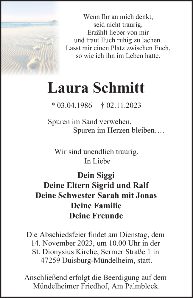  Traueranzeige für Laura Schmitt vom 11.11.2023 aus Tageszeitung