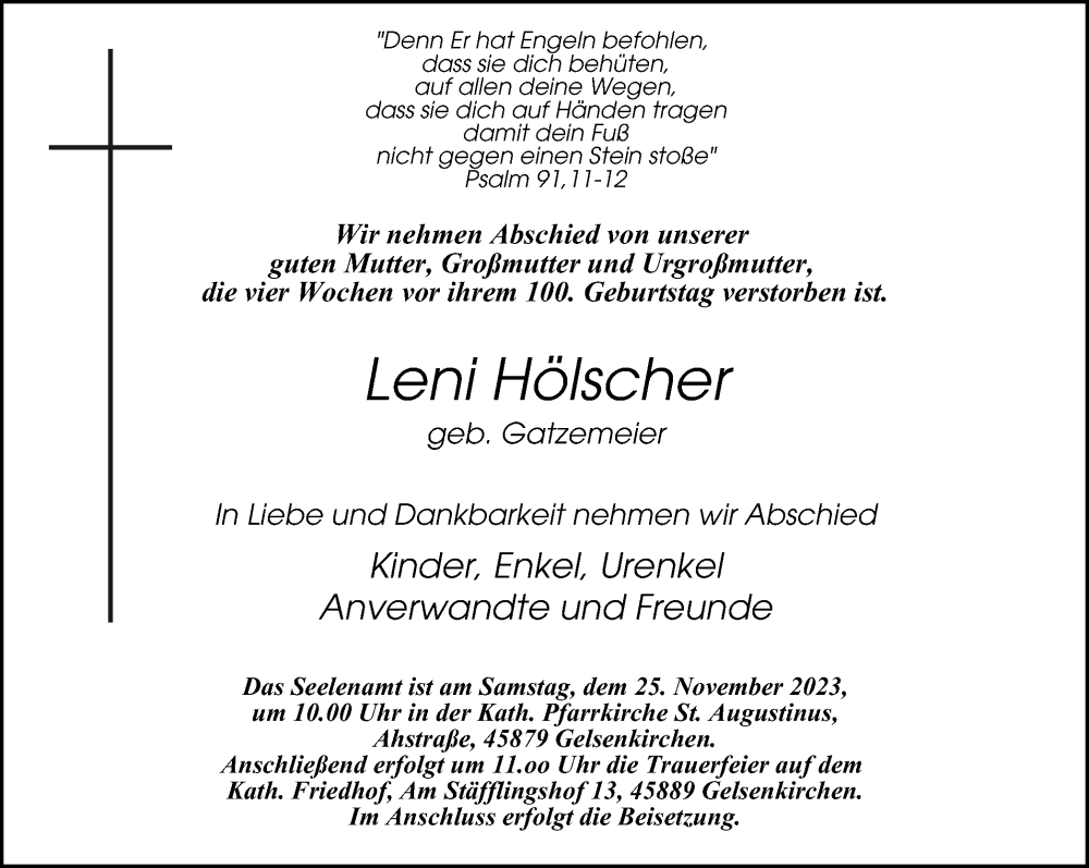  Traueranzeige für Leni Hölscher vom 18.11.2023 aus Tageszeitung