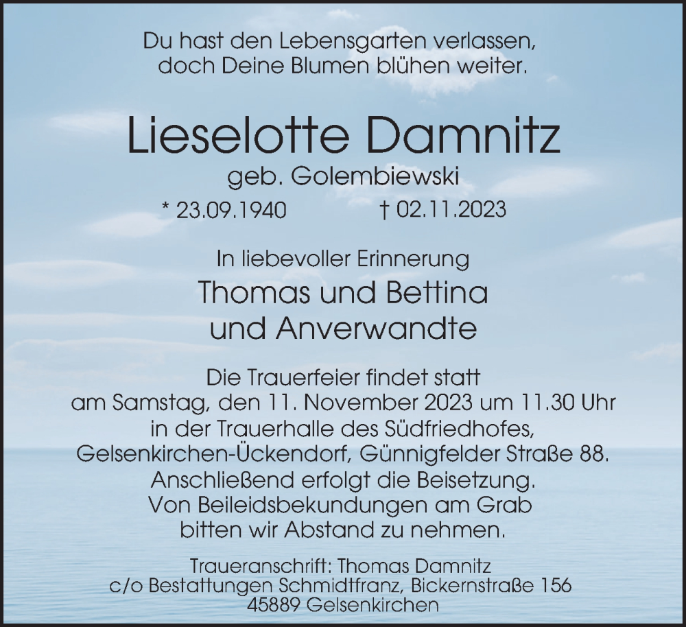  Traueranzeige für Lieselotte Damnitz vom 09.11.2023 aus Tageszeitung