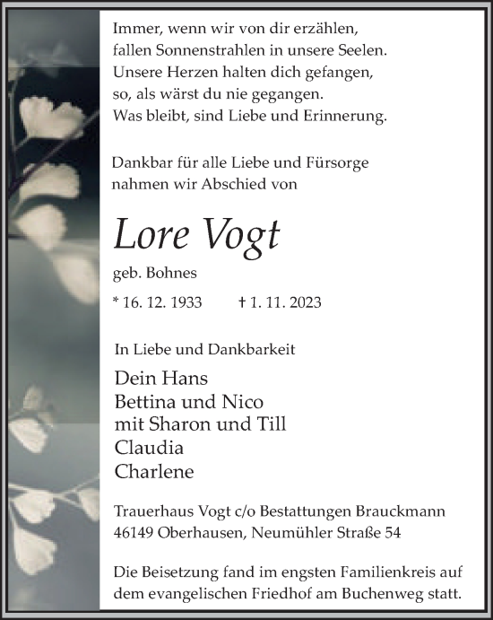 Traueranzeige von Lore Vogt von Tageszeitung