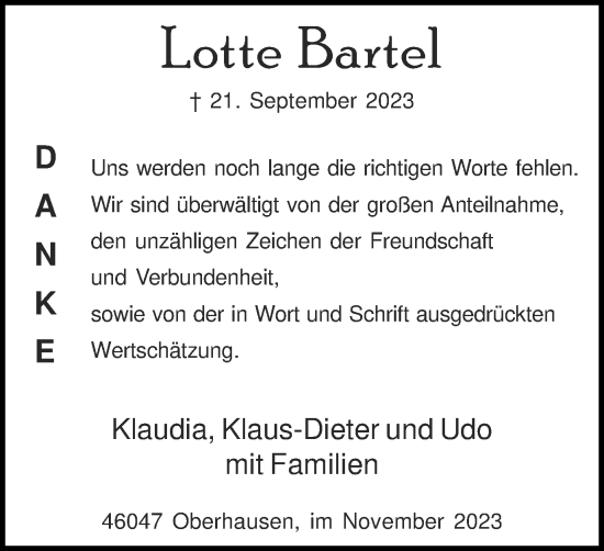 Traueranzeige von Lotte Bartel von Tageszeitung
