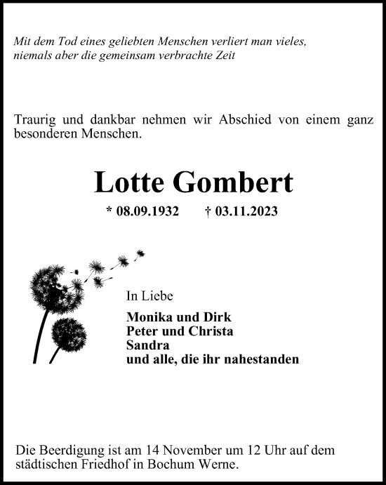 Traueranzeige von Lotte Gombert von Tageszeitung