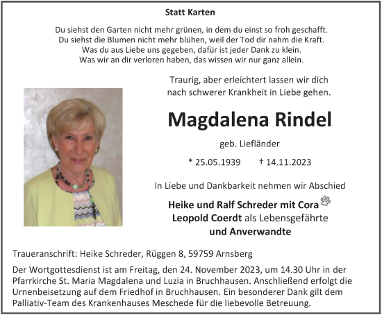 Traueranzeige von Magdalena Rindel von Tageszeitung