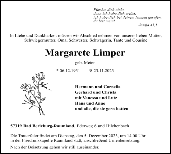 Traueranzeige von Margarete Limper von Tageszeitung